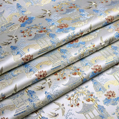 Chinese Pavilion Brocade Fabric | Vintage Landscape Jacquard | Ancient Architecture Pattern | Hanfu Decor Costume, 59"Wide