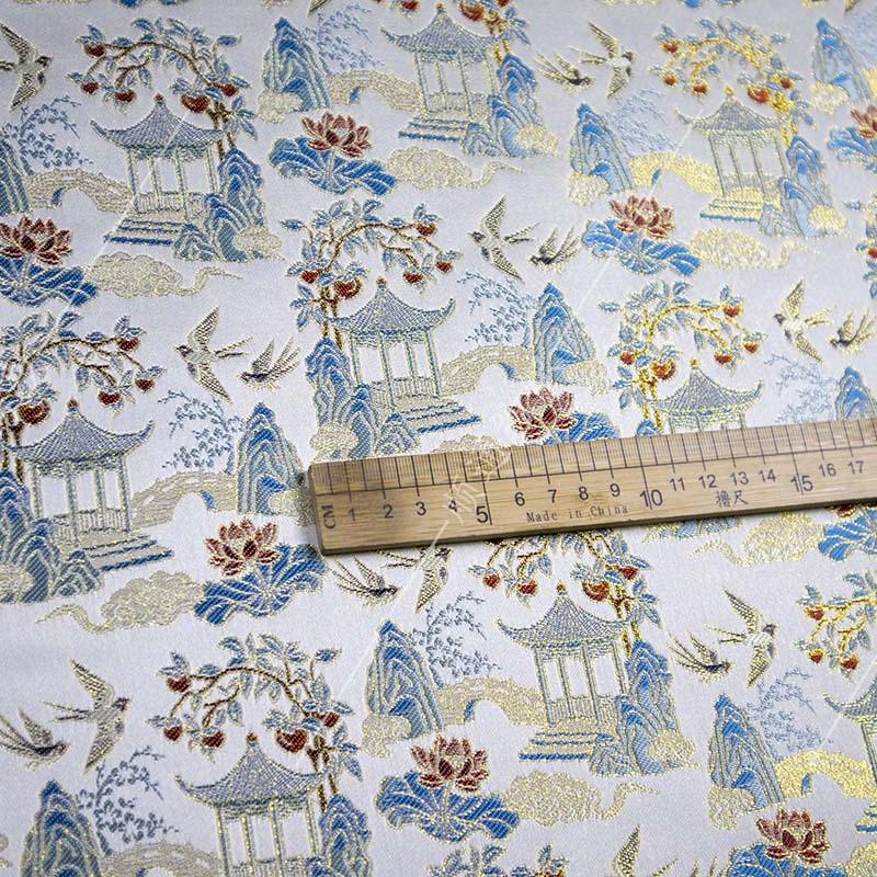 Chinese Pavilion Brocade Fabric | Vintage Landscape Jacquard | Ancient Architecture Pattern | Hanfu Decor Costume, 59"Wide