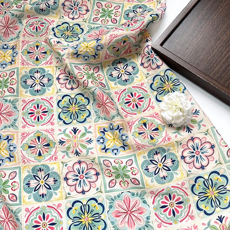 New Chinese Style Digital Print Fabric | Geometric Floral | Crystal Clear Pattern | Hanfu Qipao Dress Decor (59 inch) - Poppylollipop