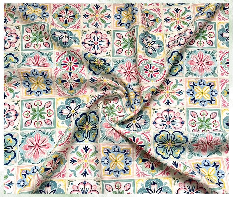 New Chinese Style Digital Print Fabric | Geometric Floral | Crystal Clear Pattern | Hanfu Qipao Dress Decor (59 inch) - Poppylollipop