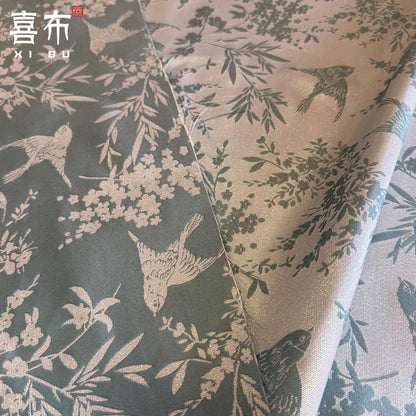 Luxury Chinese Bird Jacquard Fabric, Blue Gold Metallic Brocade Satin for Hanfu Vest Cheongsam Upholstery Decor, 58"Wide