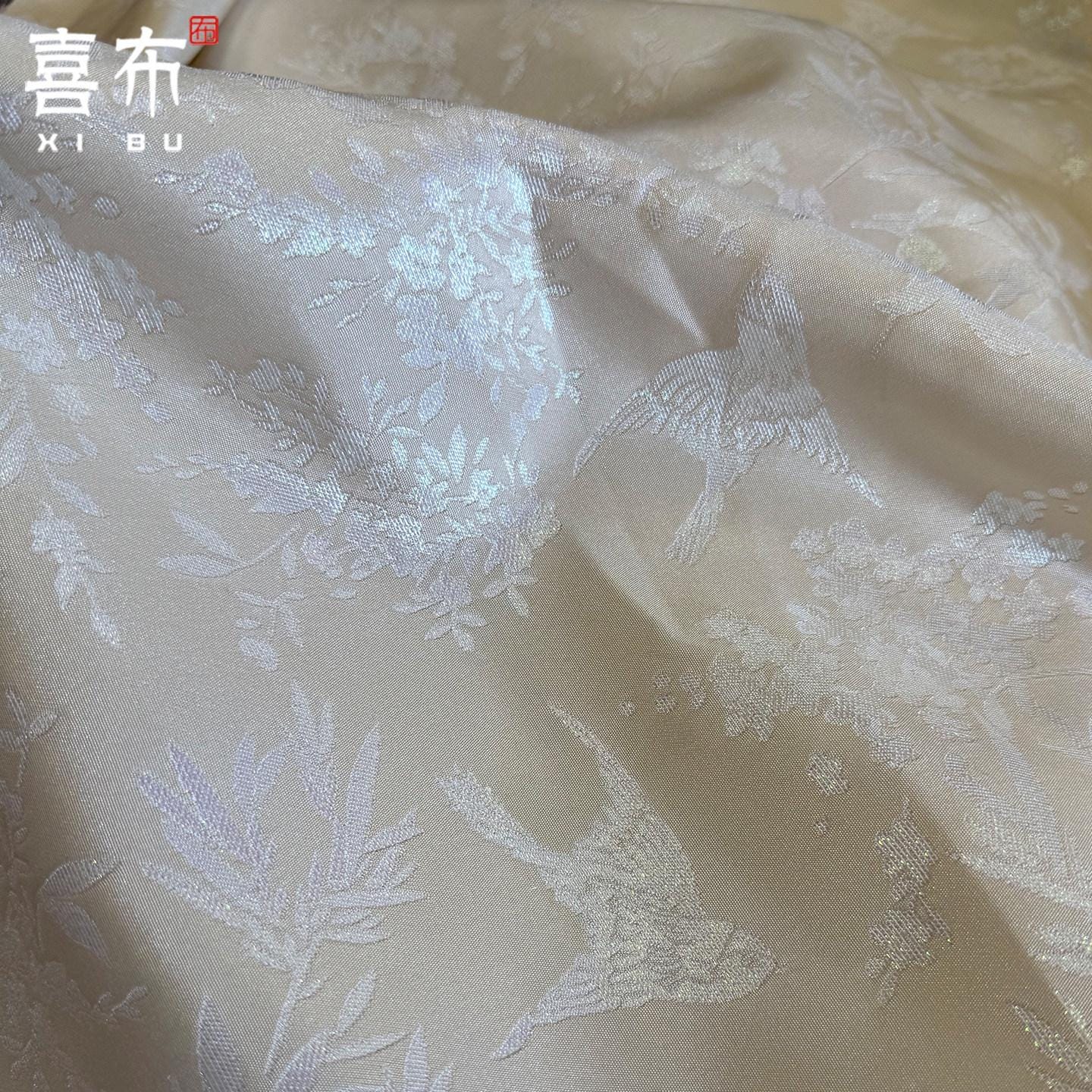 Luxury Chinese Bird Jacquard Fabric, Blue Gold Metallic Brocade Satin for Hanfu Vest Cheongsam Upholstery Decor, 58"Wide