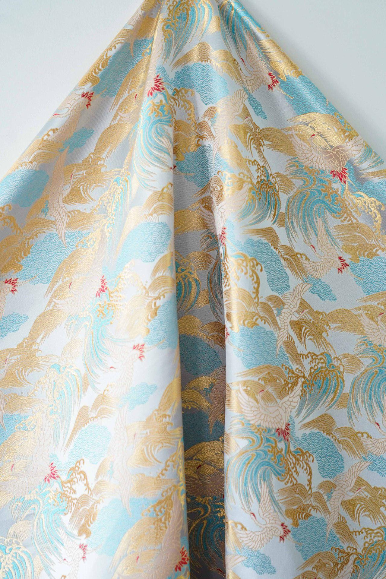 Crane Cloud Brocade Fabric | Song Dynasty Jacquard | Celestial Bird Pattern | Hanfu Wedding Decor Cosplay, 59"Wide