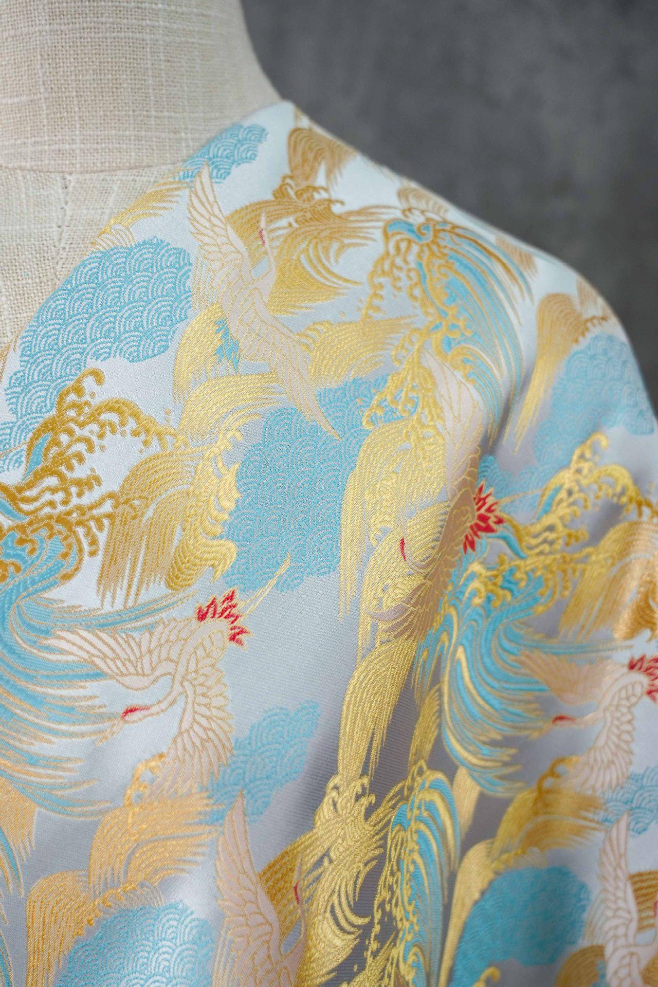 Crane Cloud Brocade Fabric | Song Dynasty Jacquard | Celestial Bird Pattern | Hanfu Wedding Decor Cosplay, 59"Wide