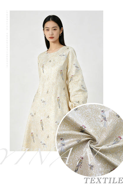 Song Brocade Bird Floral Jacquard | Gold Thread Fabric | Exotic Bird Among Flowers | Hanfu Wedding Cosplay Decor, 64"Wide - Poppylollipop