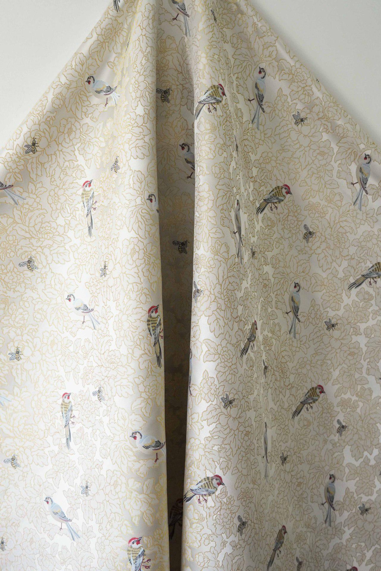 Song Brocade Bird Floral Jacquard | Gold Thread Fabric | Exotic Bird Among Flowers | Hanfu Wedding Cosplay Decor, 64"Wide - Poppylollipop
