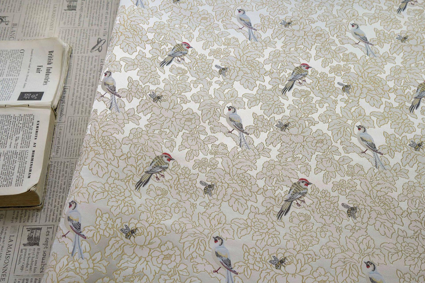 Song Brocade Bird Floral Jacquard | Gold Thread Fabric | Exotic Bird Among Flowers | Hanfu Wedding Cosplay Decor, 64"Wide - Poppylollipop