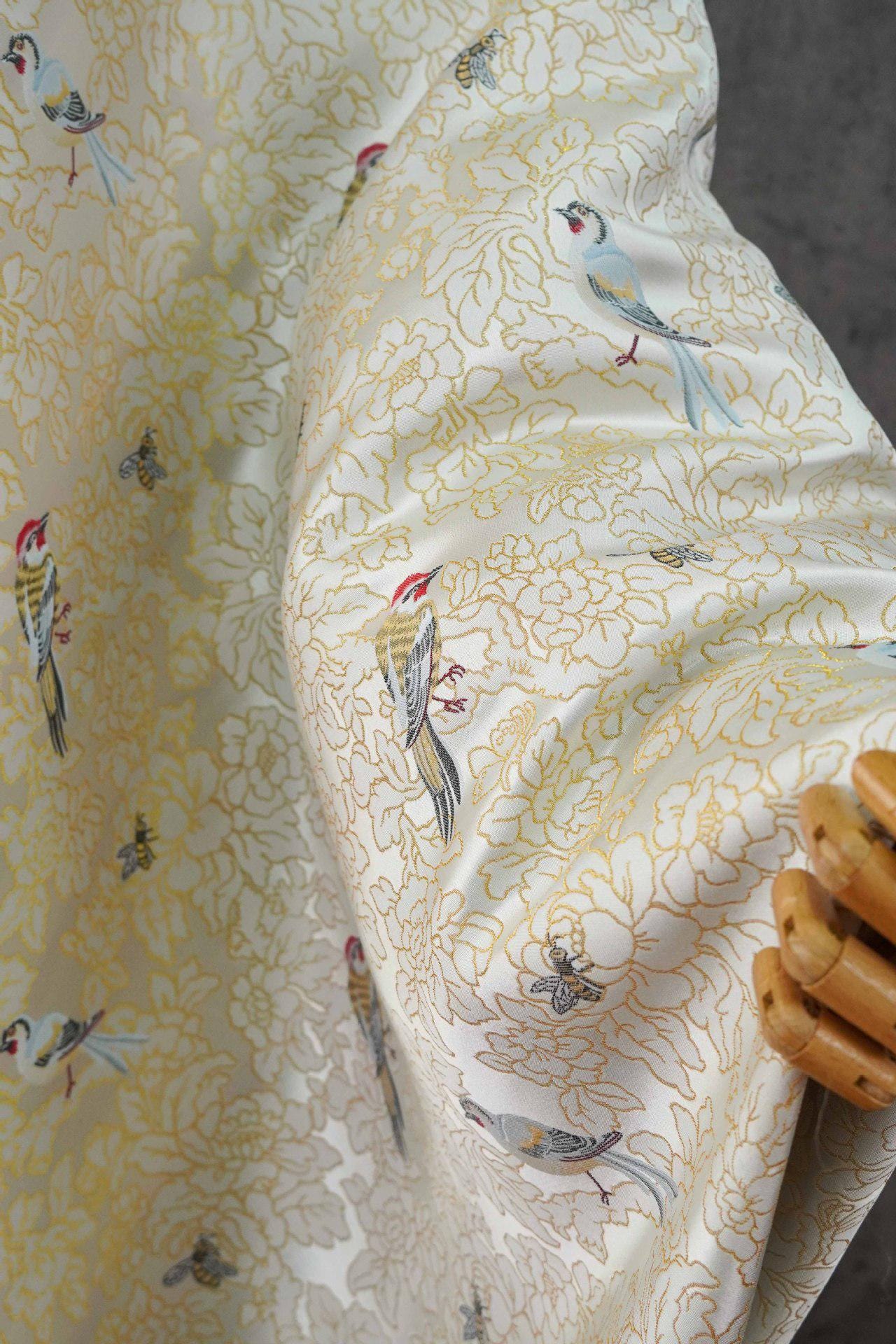 Song Brocade Bird Floral Jacquard | Gold Thread Fabric | Exotic Bird Among Flowers | Hanfu Wedding Cosplay Decor, 64"Wide - Poppylollipop