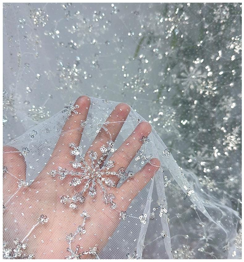 Snowflake Beaded Sequin Fabric | Colorful Embellished Fashion Fabric | Glitter Decorative | Dress Costume Decor - Poppylollipop