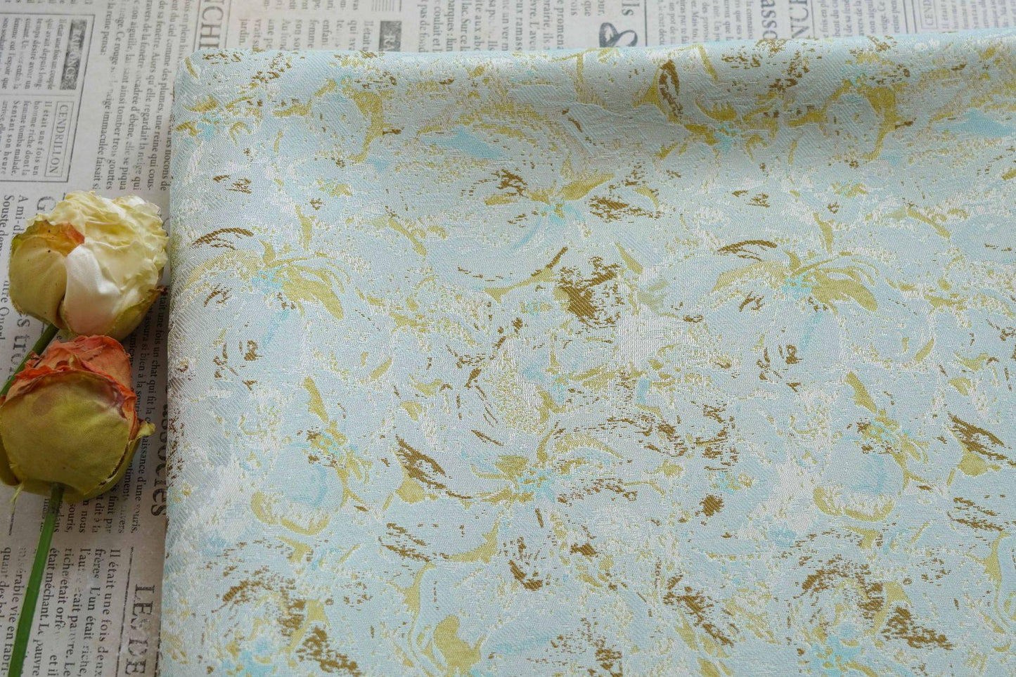 Abstract Watercolor Floral Jacquard Fabric | Mint Green Yarn - Dyed Brocade Textile | Elegant Dressmaking & Home Decor Fabric - Poppylollipop