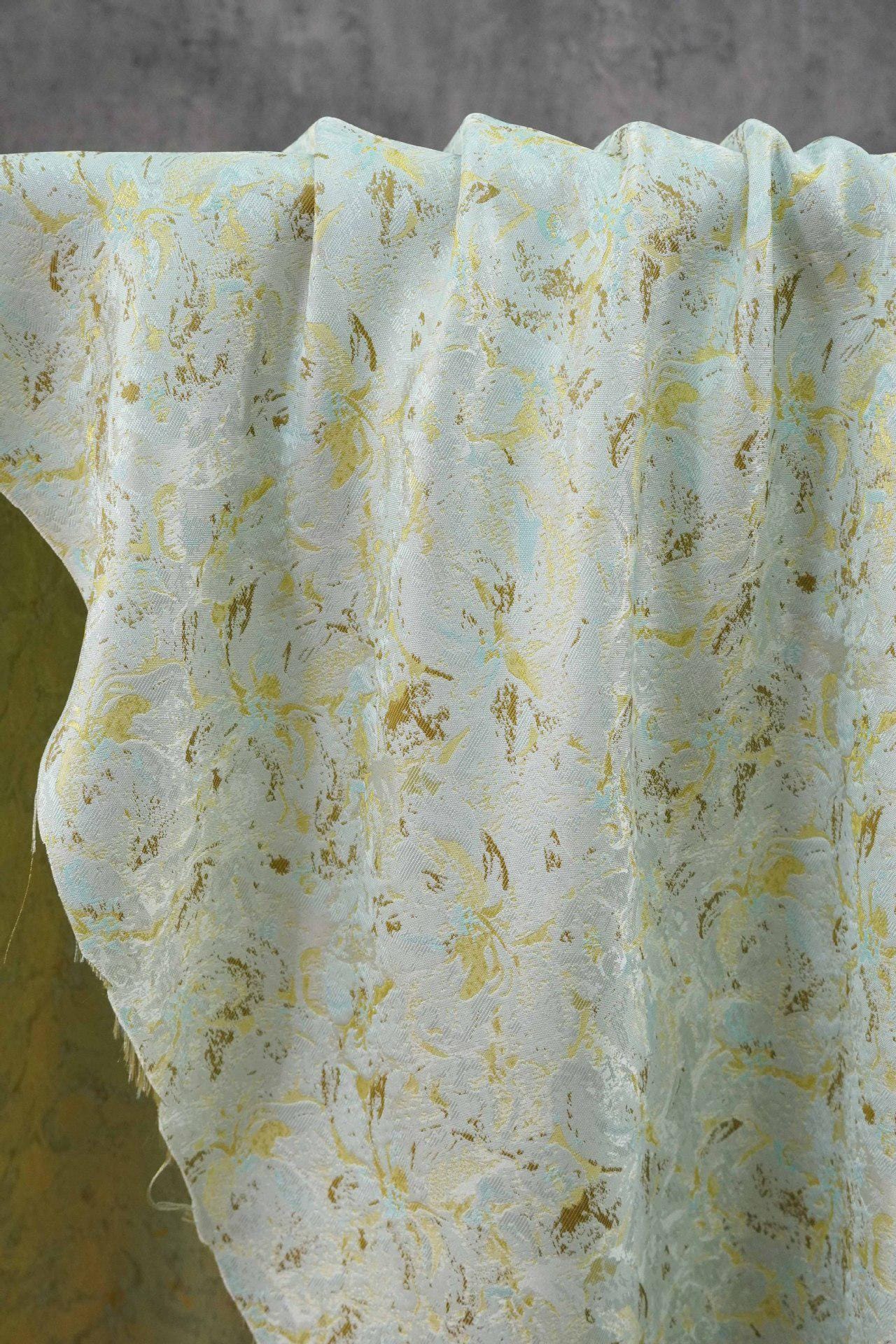 Abstract Watercolor Floral Jacquard Fabric | Mint Green Yarn - Dyed Brocade Textile | Elegant Dressmaking & Home Decor Fabric - Poppylollipop