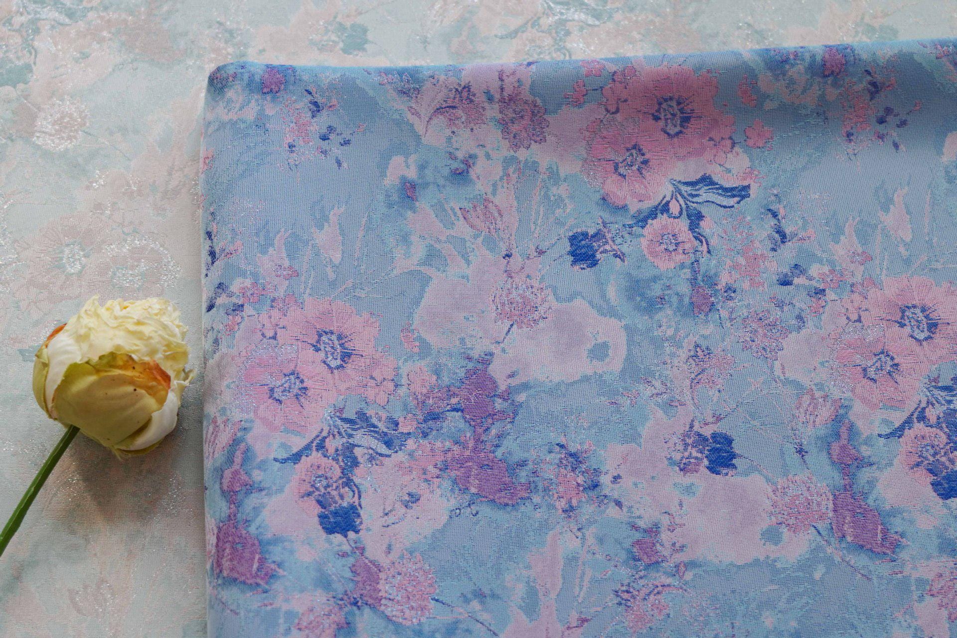 Romantic Oil Painting Floral Metallic Jacquard Fabric | Elegant Brocade Upholstery & Dress Fabric | Luxury Decorative Textile - Poppylollipop