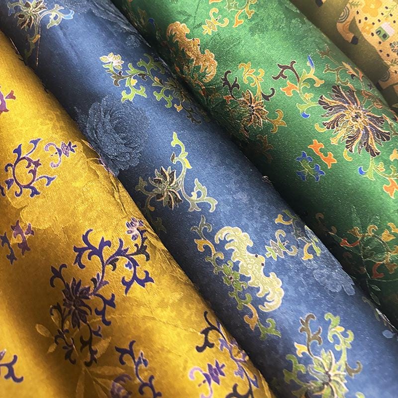 Luxury Silk Blend Xiangyunsha Fabric | Enamel Floral Bat Motif Satin Brocade with Gold Thread | Traditional Oriental Couture Textile