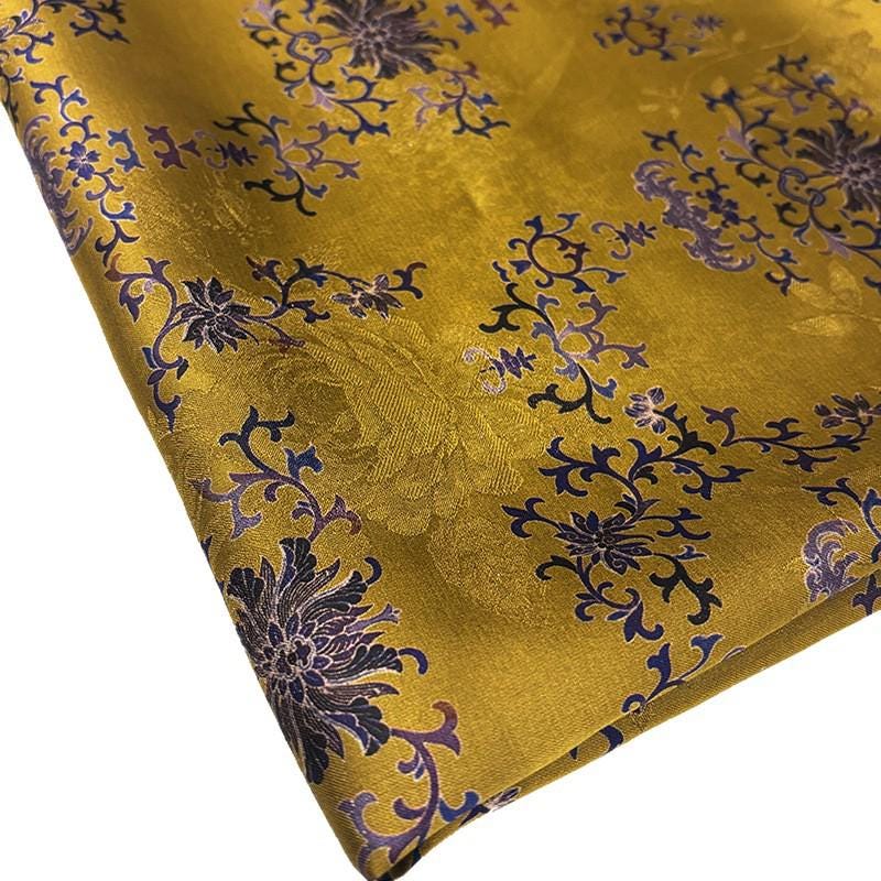Luxury Silk Blend Xiangyunsha Fabric | Enamel Floral Bat Motif Satin Brocade with Gold Thread | Traditional Oriental Couture Textile