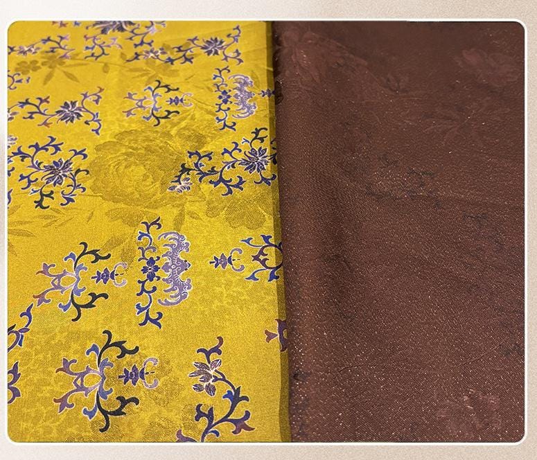 Luxury Silk Blend Xiangyunsha Fabric | Enamel Floral Bat Motif Satin Brocade with Gold Thread | Traditional Oriental Couture Textile