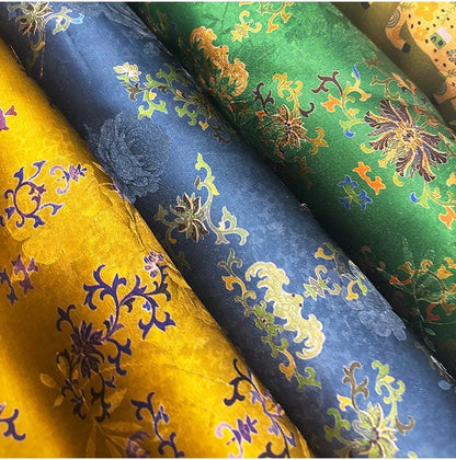Luxury Silk Blend Xiangyunsha Fabric | Enamel Floral Bat Motif Satin Brocade with Gold Thread | Traditional Oriental Couture Textile