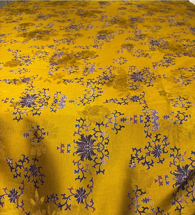 Luxury Silk Blend Xiangyunsha Fabric | Enamel Floral Bat Motif Satin Brocade with Gold Thread | Traditional Oriental Couture Textile
