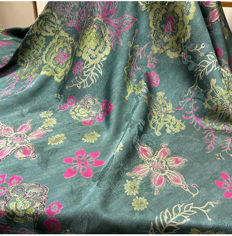 Luxury Silk Blend Xiangyunsha Fabric | Colorful Metallic Floral Luo Weave Satin Brocade Textile | Traditional Oriental Couture Dress Fabric - Poppylollipop