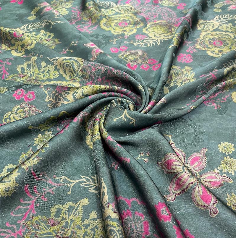 Luxury Silk Blend Xiangyunsha Fabric | Colorful Metallic Floral Luo Weave Satin Brocade Textile | Traditional Oriental Couture Dress Fabric