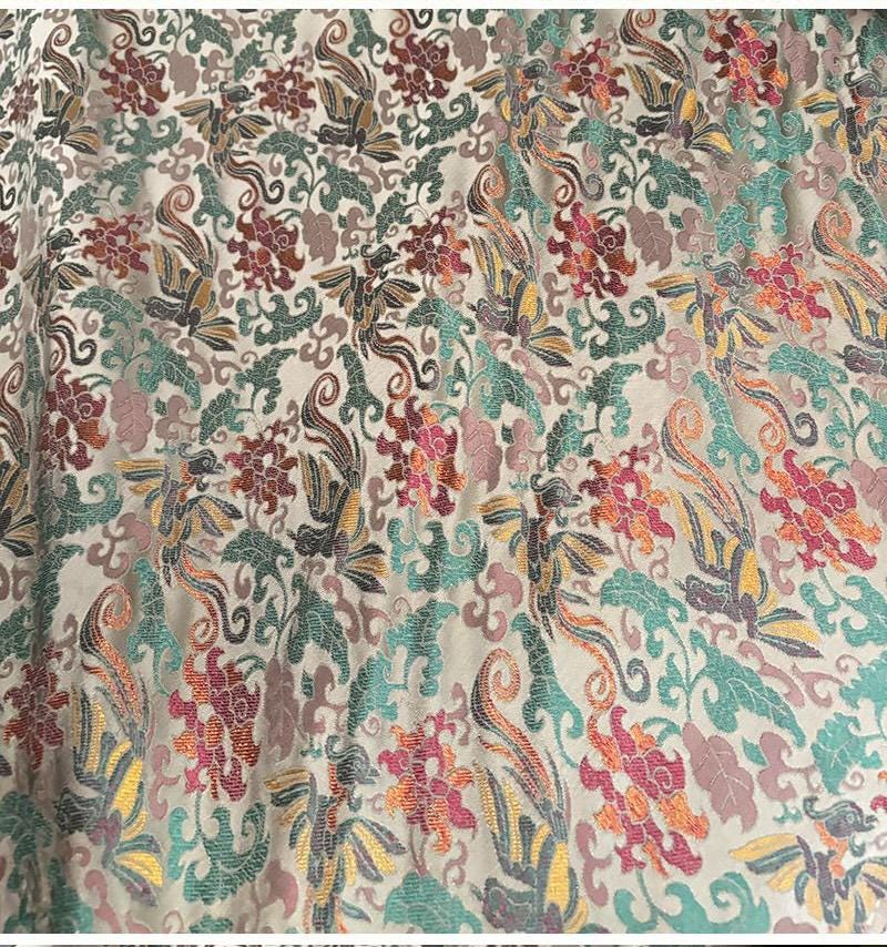 Phoenix Perching on Wutong Tree Jacquard Fabric | Gold Thread Woven Plant - Based Silk Textile | Elegant Oriental Dress & Decor Fabric - Poppylollipop