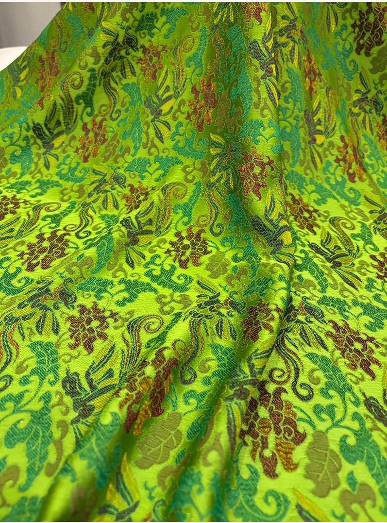 Phoenix Perching on Wutong Tree Jacquard Fabric | Gold Thread Woven Plant - Based Silk Textile | Elegant Oriental Dress & Decor Fabric - Poppylollipop