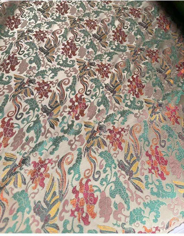 Phoenix Perching on Wutong Tree Jacquard Fabric | Gold Thread Woven Plant - Based Silk Textile | Elegant Oriental Dress & Decor Fabric - Poppylollipop