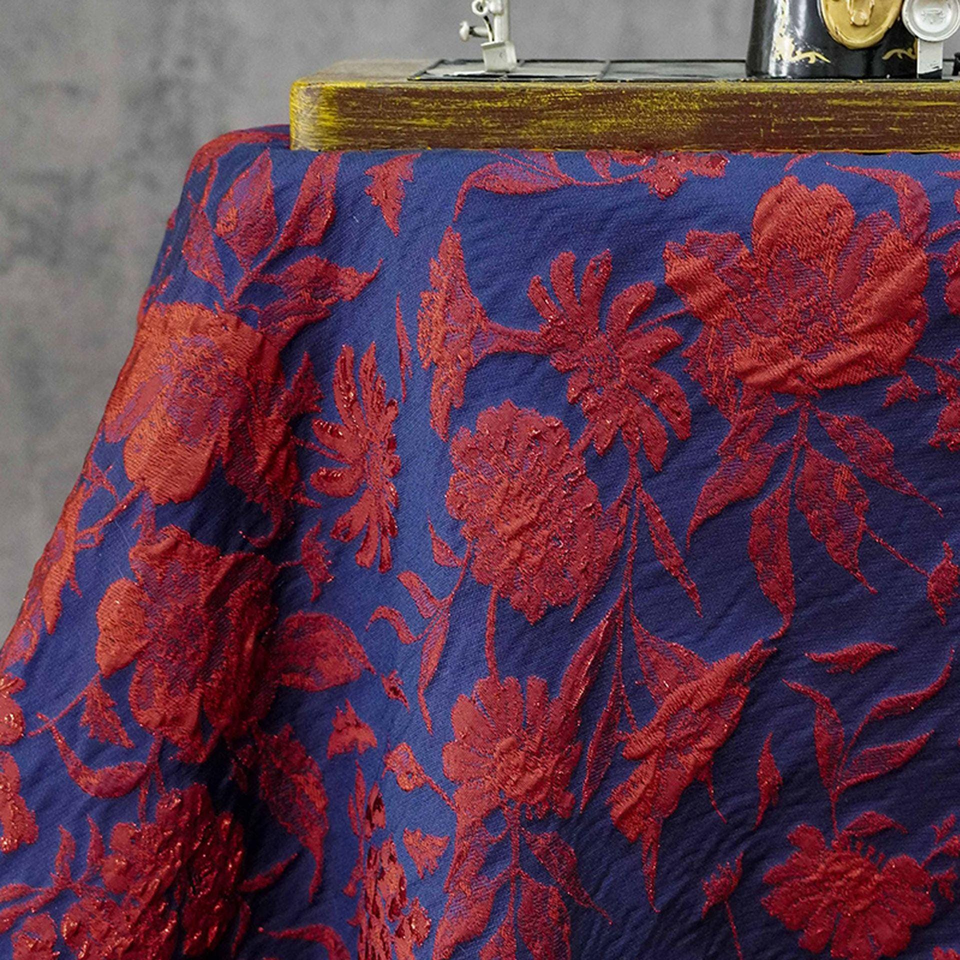 Blue Gold Jacquard Fabric by Yard, Vintage Red Flower Brocade Textile, Oriental Metallic Fabric for Dress Curtains Crafts, 54"Wide