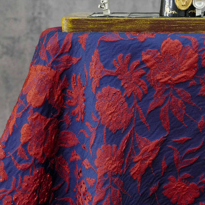 Blue Gold Jacquard Fabric by Yard, Vintage Red Flower Brocade Textile, Oriental Metallic Fabric for Dress Curtains Crafts, 54"Wide