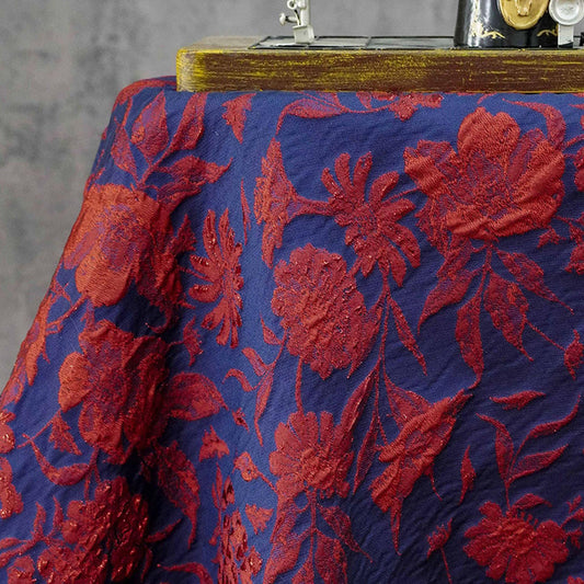 Blue Gold Jacquard Fabric by Yard, Vintage Red Flower Brocade Textile, Oriental Metallic Fabric for Dress Curtains Crafts, 54"Wide