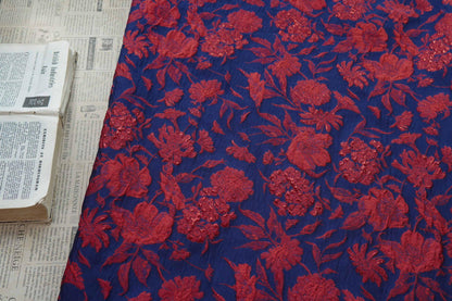 Blue Gold Jacquard Fabric by Yard, Vintage Red Flower Brocade Textile, Oriental Metallic Fabric for Dress Curtains Crafts, 54"Wide