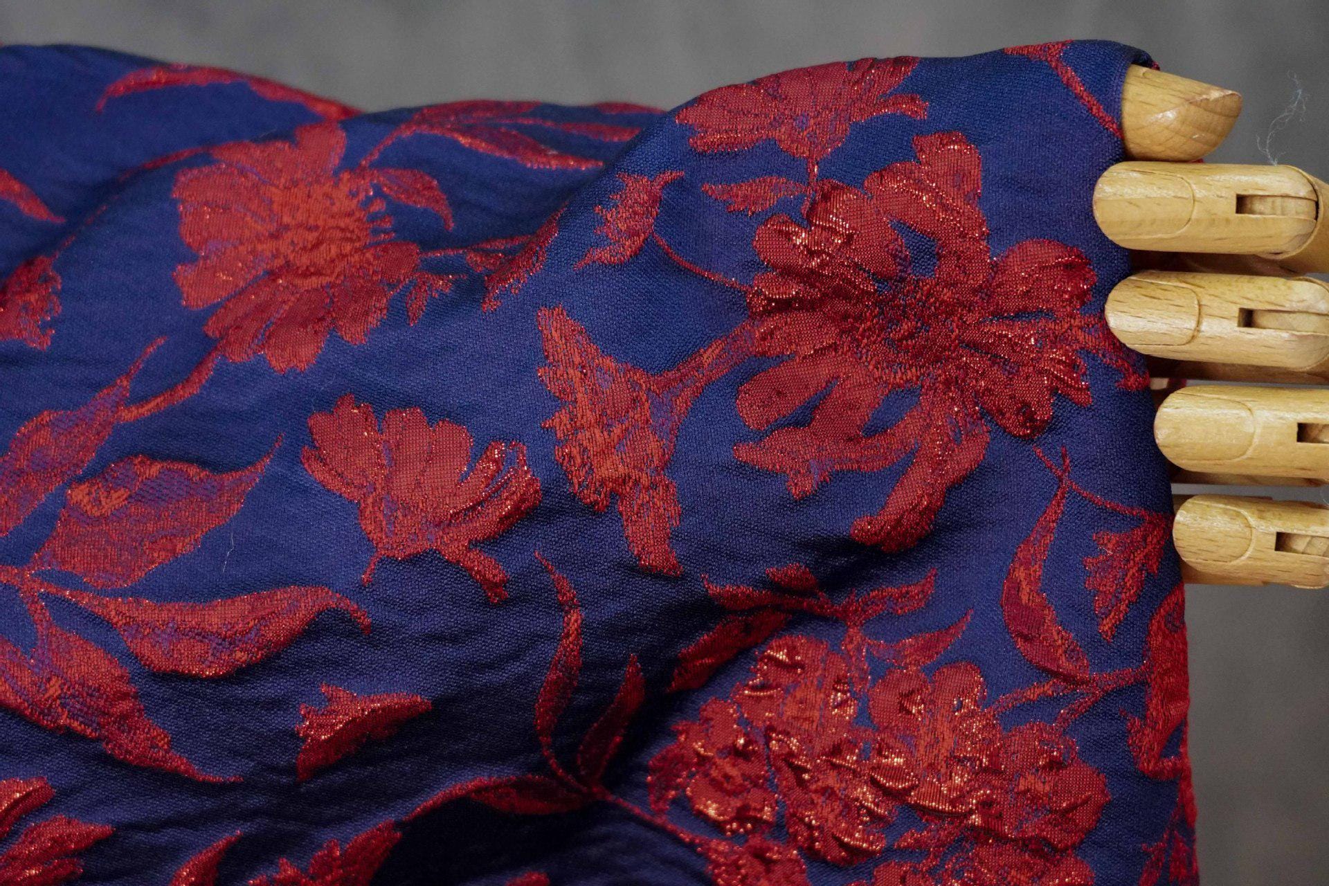 Blue Gold Jacquard Fabric by Yard, Vintage Red Flower Brocade Textile, Oriental Metallic Fabric for Dress Curtains Crafts, 54"Wide