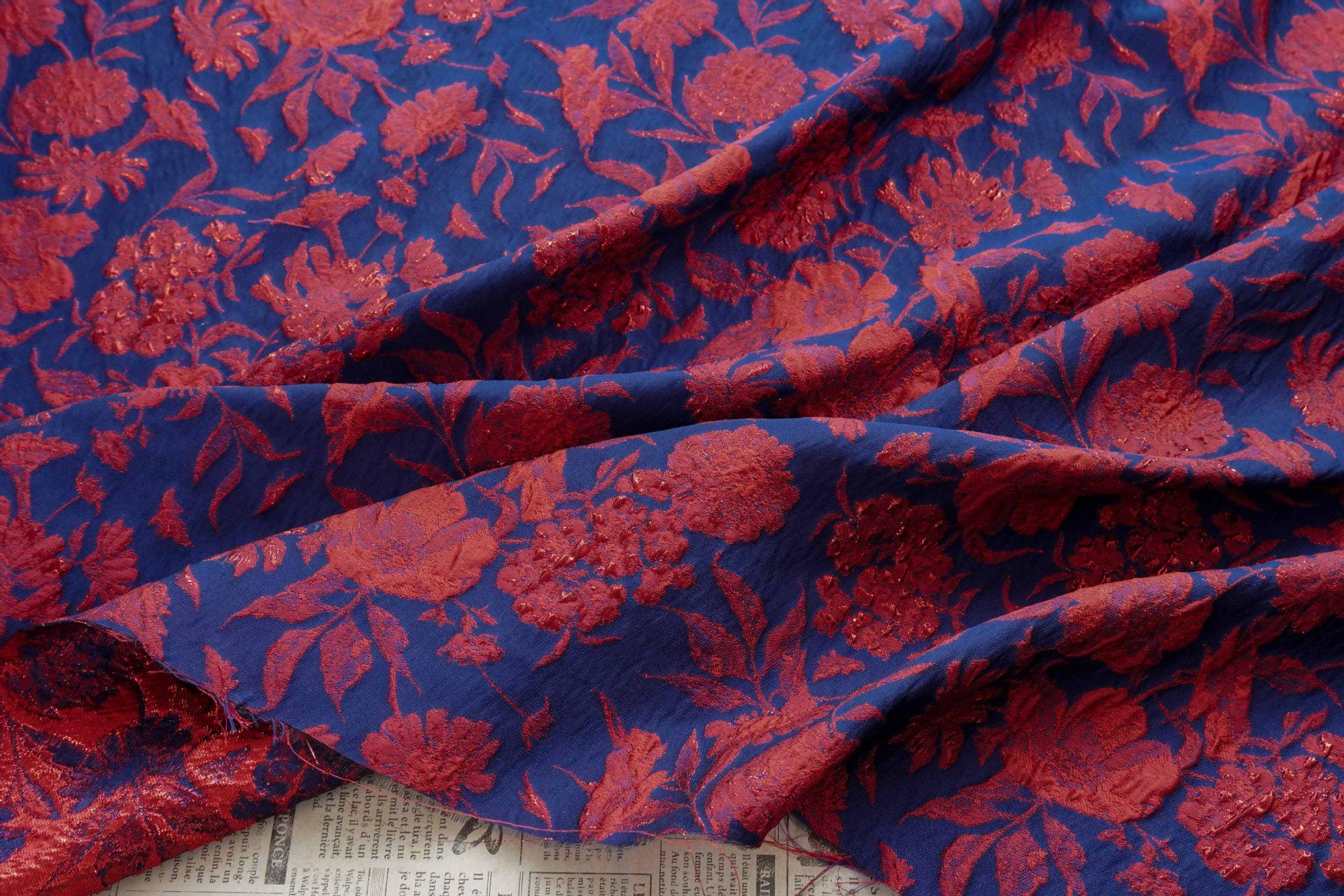 Blue Gold Jacquard Fabric by Yard, Vintage Red Flower Brocade Textile, Oriental Metallic Fabric for Dress Curtains Crafts, 54"Wide