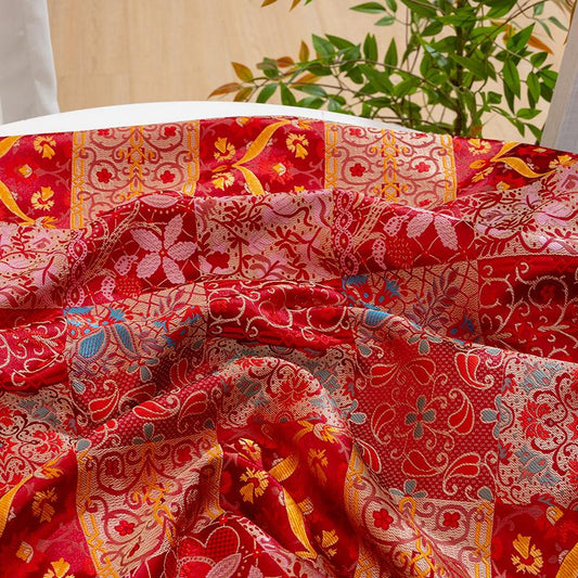 Red Floral Jacquard Quilting Fabric by Yard, Oriental Patchwork Brocade Textile for Bags Crafts Home Decor, 59"Wide