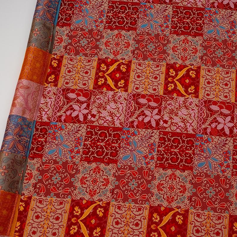 Red Floral Jacquard Quilting Fabric by Yard, Oriental Patchwork Brocade Textile for Bags Crafts Home Decor, 59"Wide