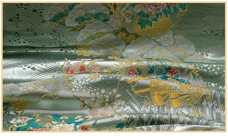 Japanese Floral Brocade Fabric by Yard, Colorful Kimono Jacquard Satin, Gold Metallic Fabric for Dress Obi Crafts, 59"Wide