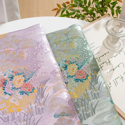 Japanese Floral Brocade Fabric by Yard, Colorful Kimono Jacquard Satin, Gold Metallic Fabric for Dress Obi Crafts, 59"Wide