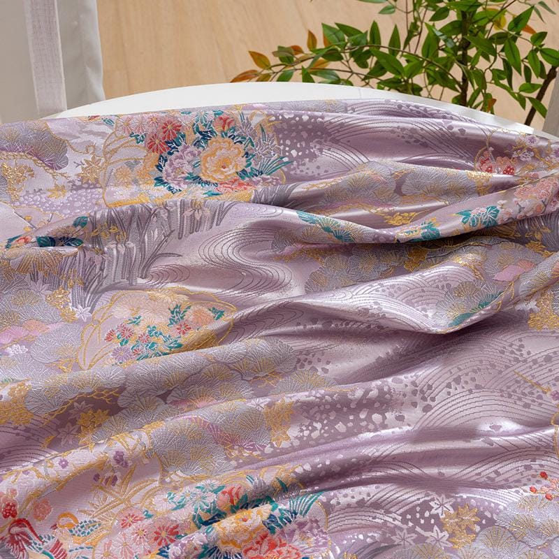 Japanese Floral Brocade Fabric by Yard, Colorful Kimono Jacquard Satin, Gold Metallic Fabric for Dress Obi Crafts, 59"Wide