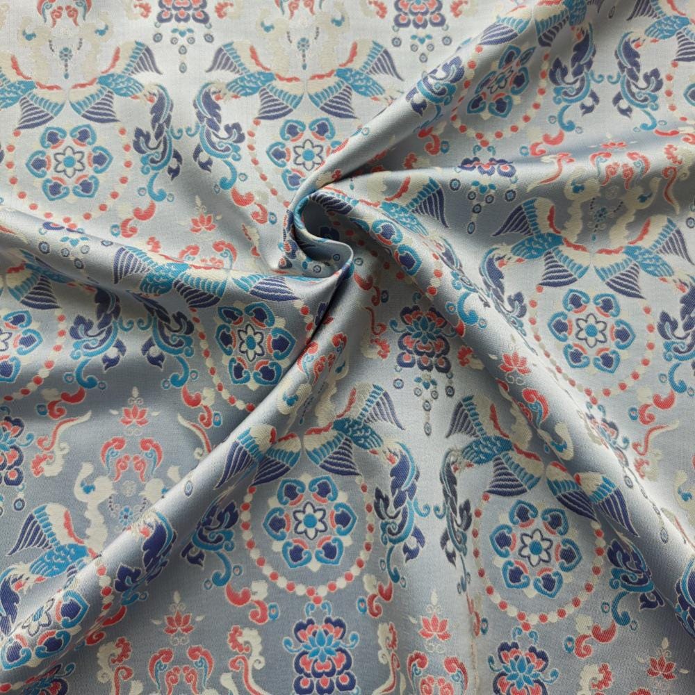 Chinese Brocade Fabric by Yard, Sky Blue Floral Jacquard Satin, Oriental Chinoiserie Fabric for Dress Curtains Crafts, 59"Wide