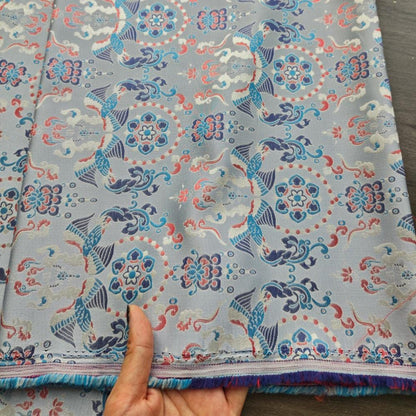 Chinese Brocade Fabric by Yard, Sky Blue Floral Jacquard Satin, Oriental Chinoiserie Fabric for Dress Curtains Crafts, 59"Wide