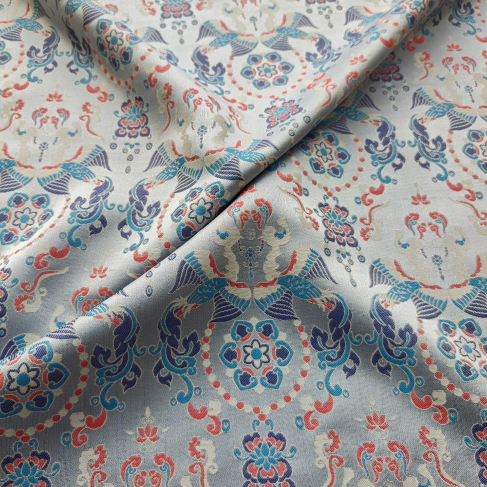 Chinese Brocade Fabric by Yard, Sky Blue Floral Jacquard Satin, Oriental Chinoiserie Fabric for Dress Curtains Crafts, 59"Wide