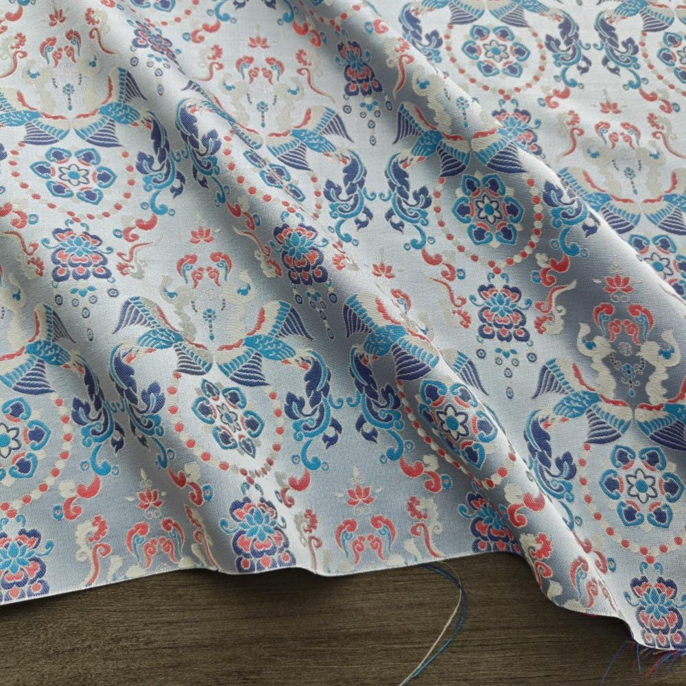 Chinese Brocade Fabric by Yard, Sky Blue Floral Jacquard Satin, Oriental Chinoiserie Fabric for Dress Curtains Crafts, 59"Wide