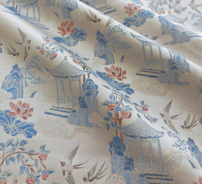 Chinese Chinoiserie Fabric by Yard, Pavilion Jacquard Brocade Satin for Dress Curtains Upholstery Crafts, 59"Wide