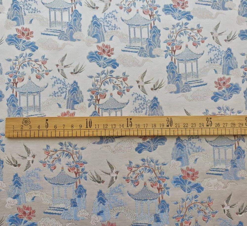 Chinese Chinoiserie Fabric by Yard, Pavilion Jacquard Brocade Satin for Dress Curtains Upholstery Crafts, 59"Wide