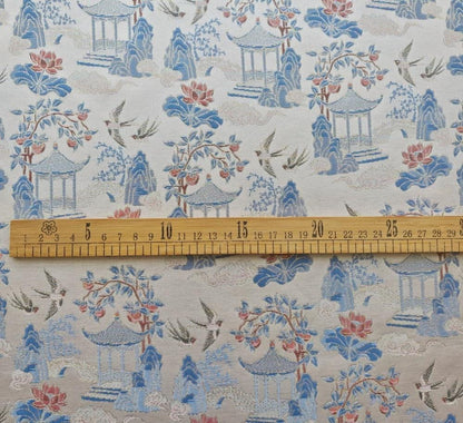 Chinese Chinoiserie Fabric by Yard, Pavilion Jacquard Brocade Satin for Dress Curtains Upholstery Crafts, 59"Wide