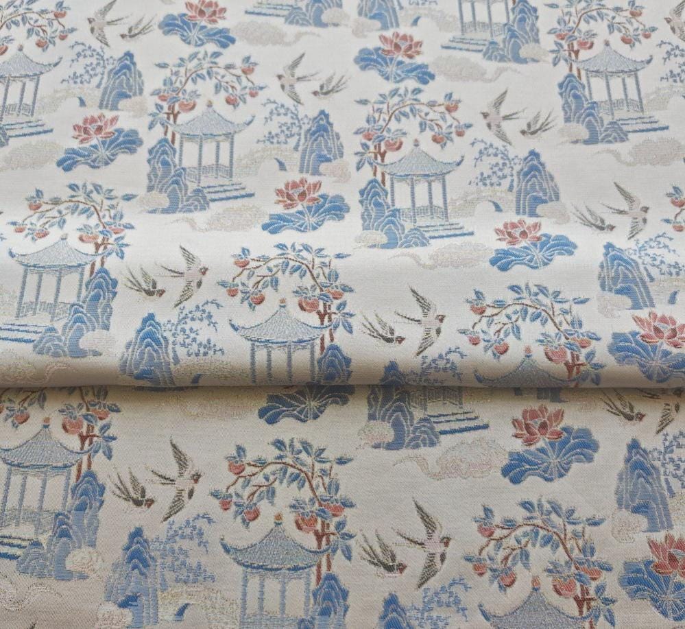 Chinese Chinoiserie Fabric by Yard, Pavilion Jacquard Brocade Satin for Dress Curtains Upholstery Crafts, 59"Wide