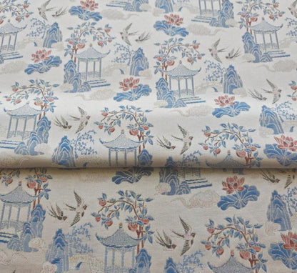 Chinese Chinoiserie Fabric by Yard, Pavilion Jacquard Brocade Satin for Dress Curtains Upholstery Crafts, 59"Wide