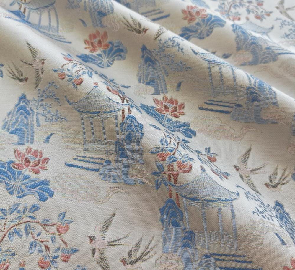 Chinese Chinoiserie Fabric by Yard, Pavilion Jacquard Brocade Satin for Dress Curtains Upholstery Crafts, 59"Wide