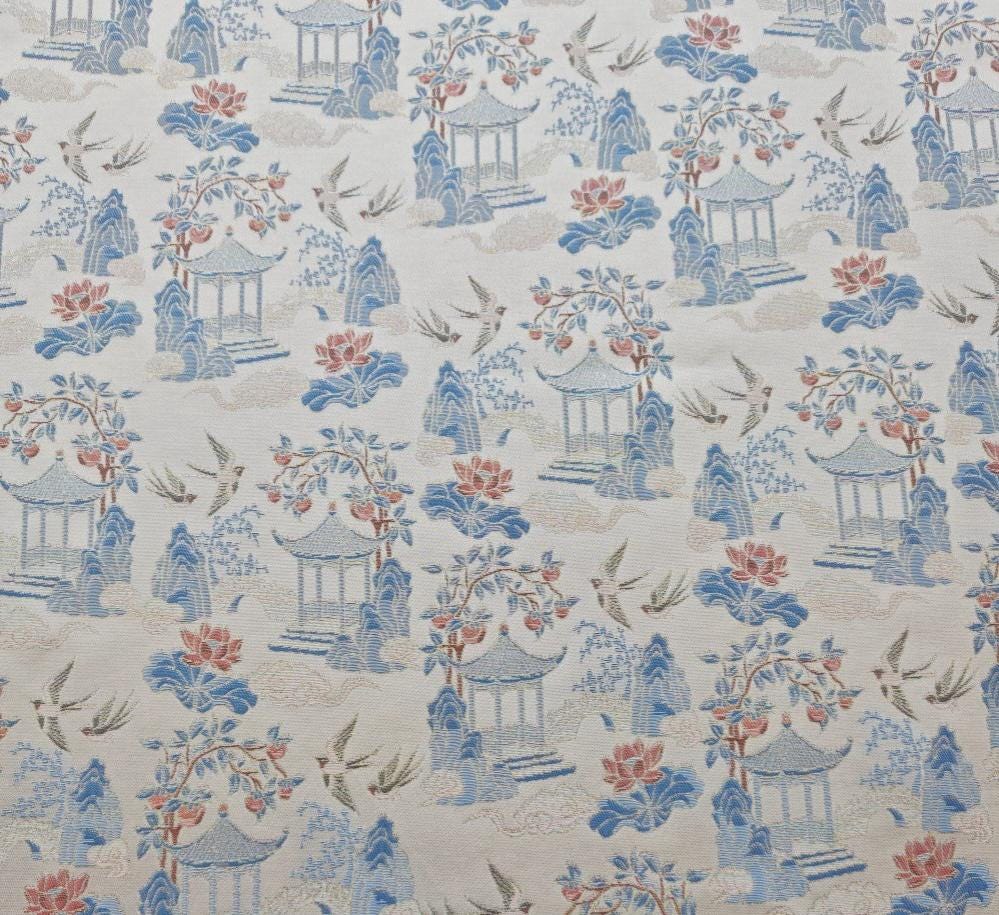 Chinese Chinoiserie Fabric by Yard, Pavilion Jacquard Brocade Satin for Dress Curtains Upholstery Crafts, 59"Wide