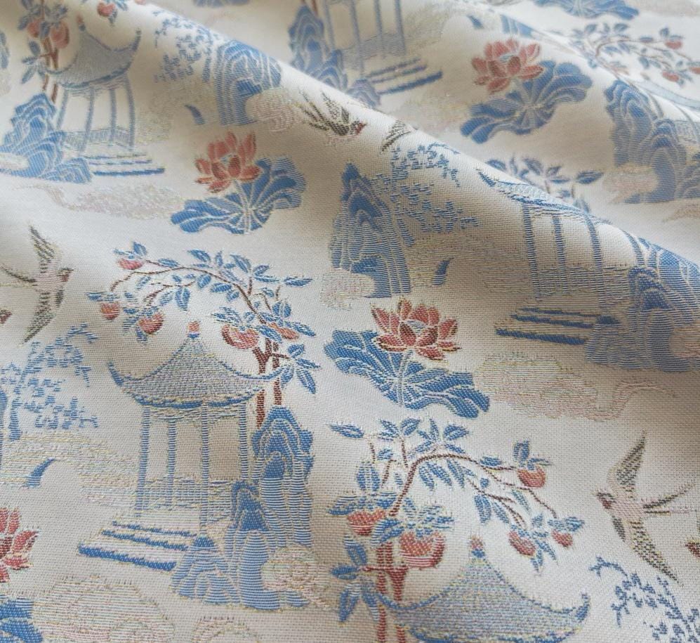 Chinese Chinoiserie Fabric by Yard, Pavilion Jacquard Brocade Satin for Dress Curtains Upholstery Crafts, 59"Wide
