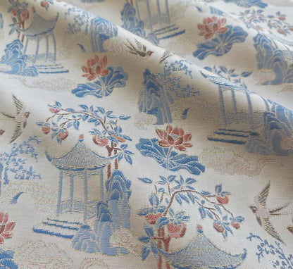 Chinese Chinoiserie Fabric by Yard, Pavilion Jacquard Brocade Satin for Dress Curtains Upholstery Crafts, 59"Wide
